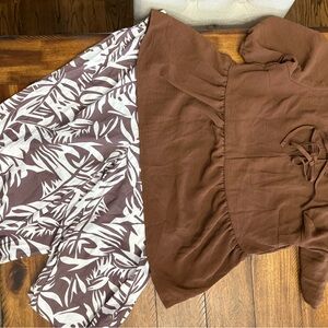Brown Peplum Top with White & Brown Leaf Print Skirt